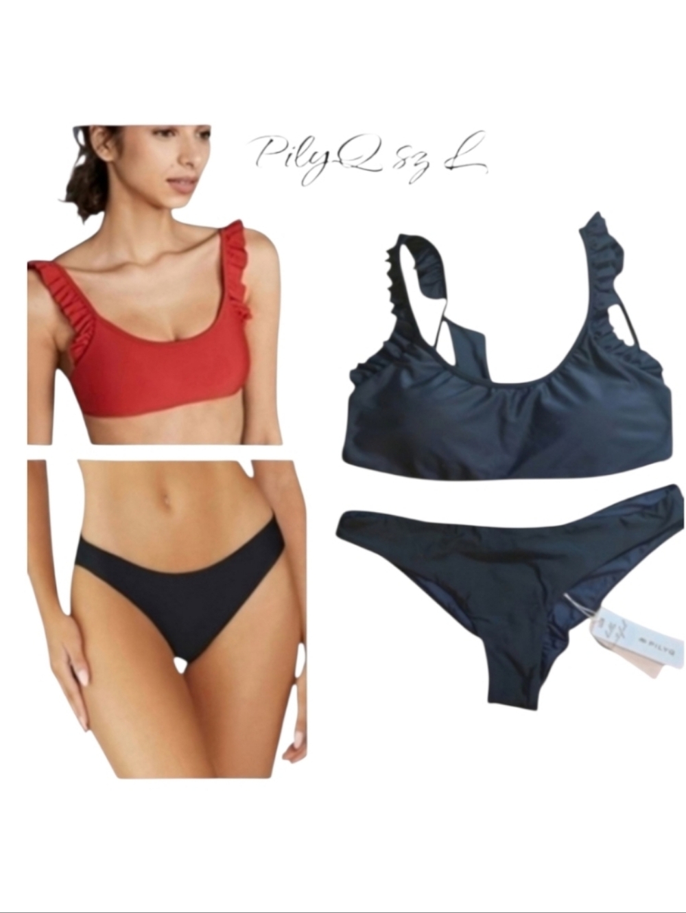 NWT PilyQ Black Ruffle Bralette & Ruched Bikini Set Size L